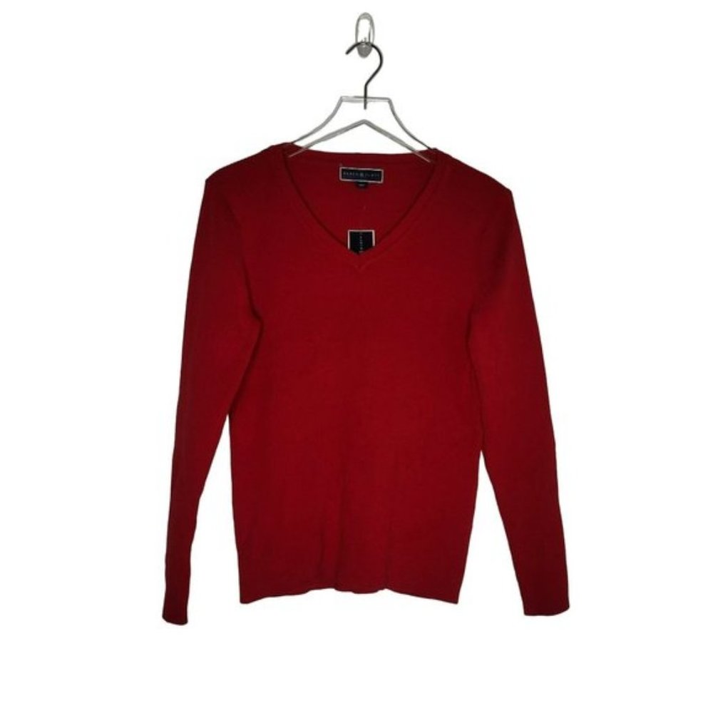 Karen Scott V-Neck Long Sleeve Ribbed Top Medium Red Cotton Pullover